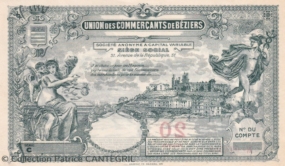billets 20 francs union des commercants de beziers