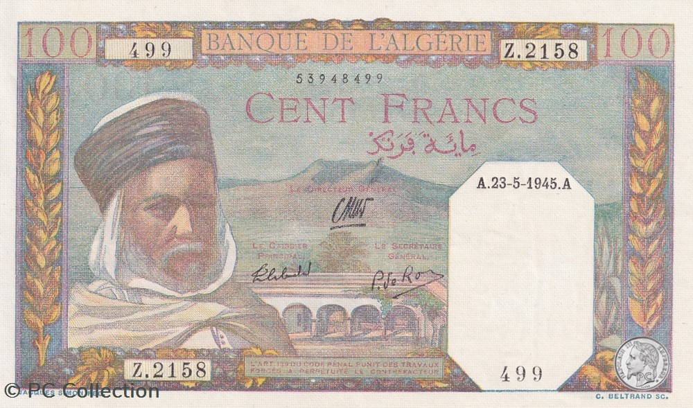 1945 Pick 85 100 Franc algérien 499 Unc billets afrique 1945 pick 85 100 franc algerien 499 unc