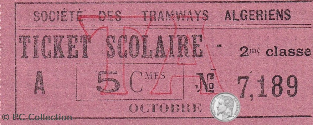 Ticket tramway -Tramways d'Alger début XXe "Ticket scolaire - 5cmes - Société des Tramways Algériens documents anciens titres transport ticket tramway tramways alger debut xxe ticket scolaire 5cmes societe des tramways algeriens