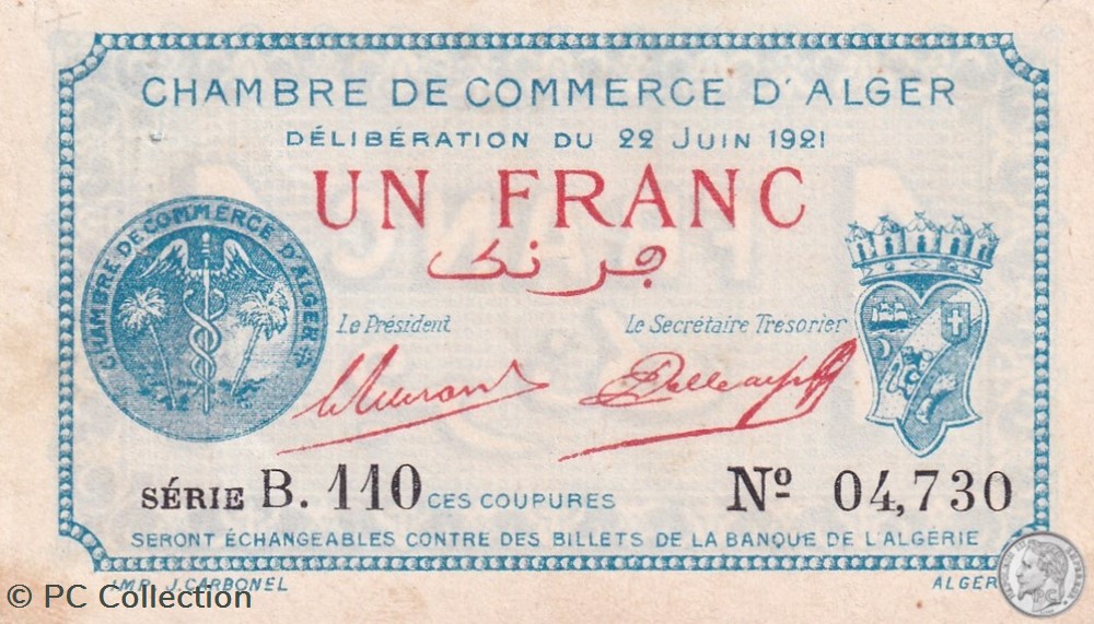 137-20-22/6/1921 Alger 1 Franc Cdc.(1) billets afrique algerie 137 20 22 6 1921 alger 1 franc cdc 1