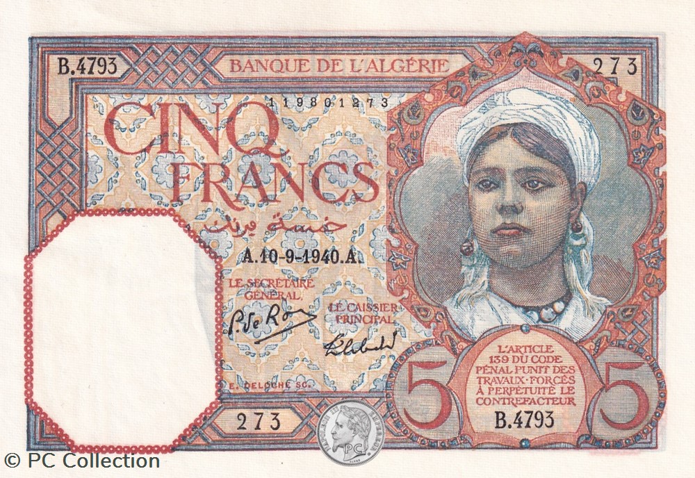 1940 Pick77c 273 5 Franc algérien Unc billets afrique 1940 pick77c 273 5 franc algerien unc