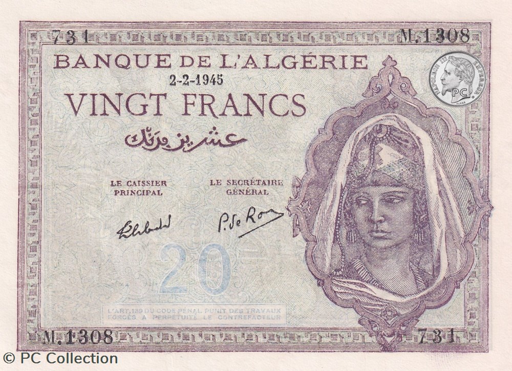 1945 Pick92b.3 20 Franc algérien 731 Unc billets afrique 1945 pick92b 3 20 franc algerien 731 unc