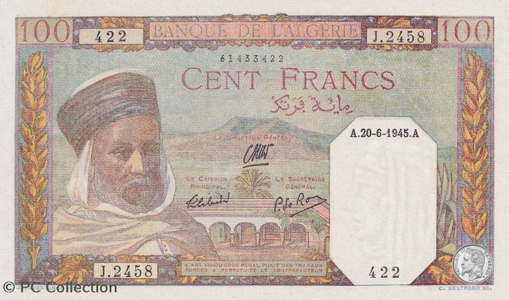 1945 Pick 85 100 Franc algérien 422 Unc billets afrique 1945 pick 85 100 franc algerien 422 unc