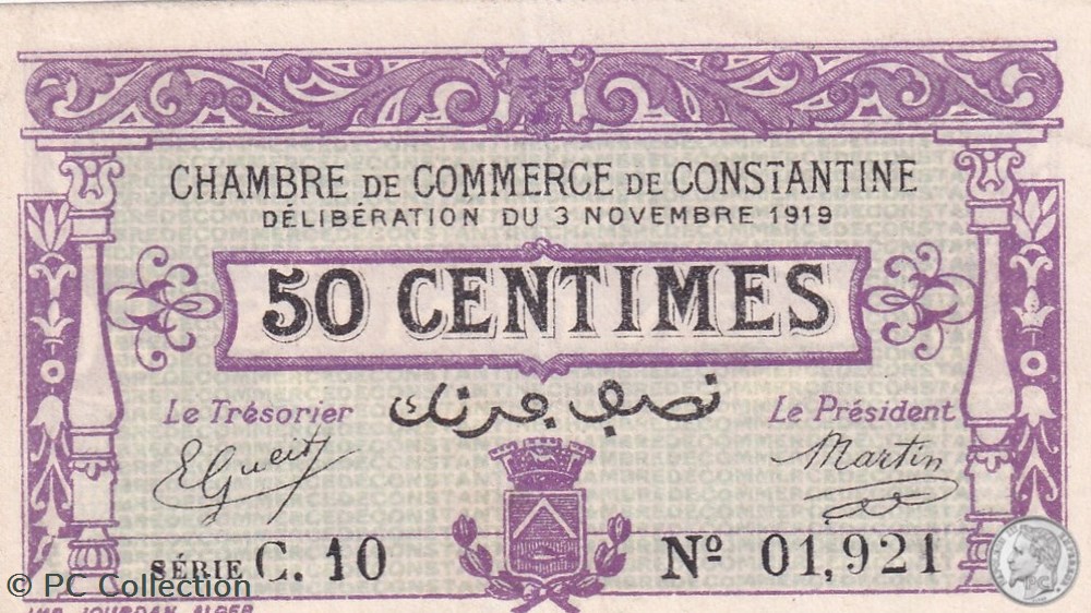 140-21- 3/11/1919 Constantine 50 Centimes Cdc Séries C10 billets afrique algerie 140 21 3 11 1919 constantine 50 centimes cdc series c10