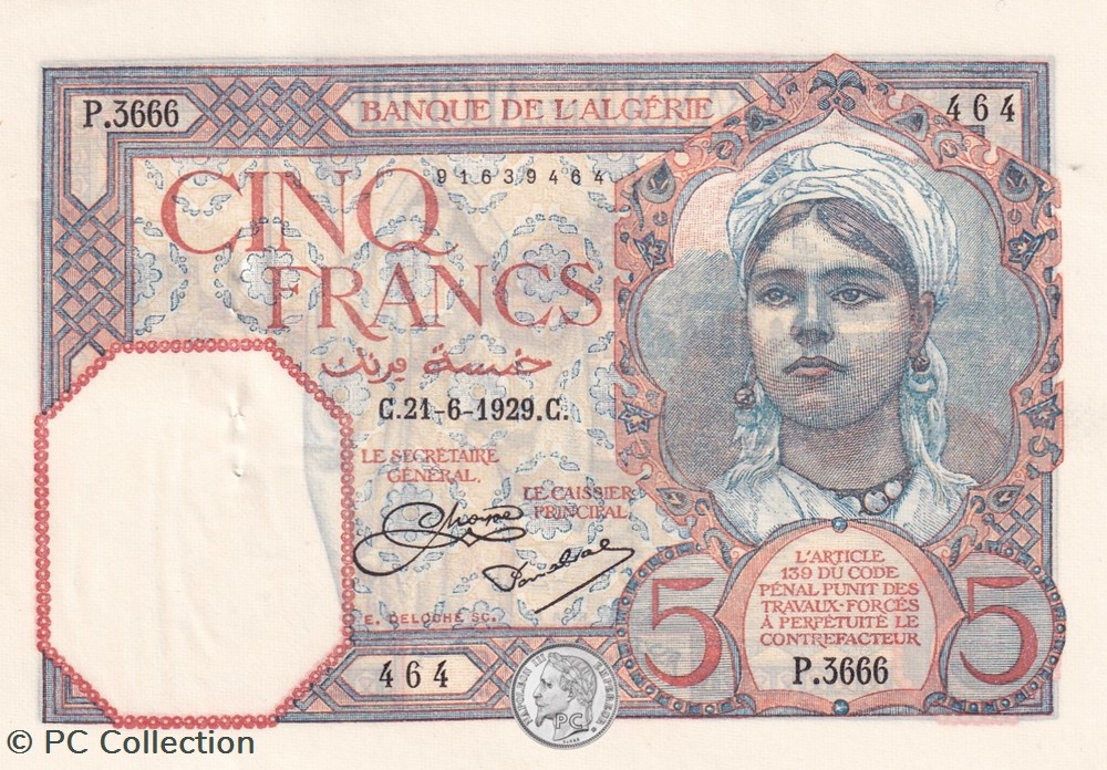 1929 Pick77a 464 5 Franc algérien aunc billets afrique 1929 pick77a 464 5 franc algerien aunc