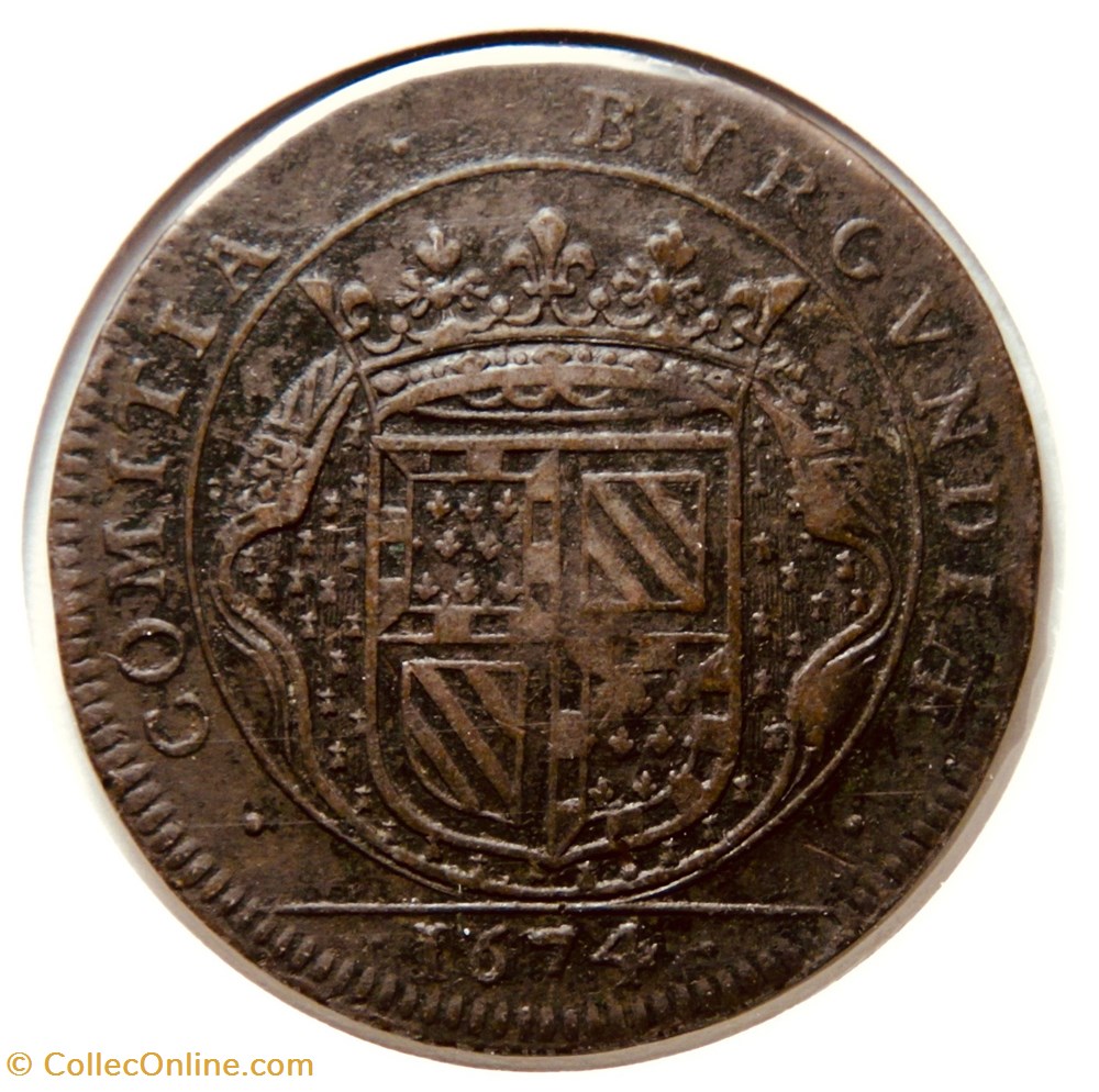 États de Bourgogne, 2ᴺᴰᴱ conquête de la Franche-Comté. 1674, Cuivre. monnaies paranumismatique jetons poids etats de bourgogne 2 conquete de la franche comte 1674 cuivre