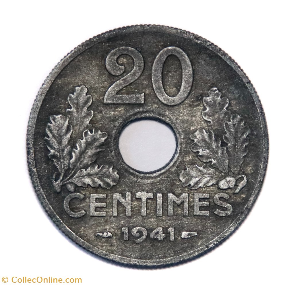 20 centimes Etat Français, 1941 type 20 "lourd" monnaies monde france 20 centimes etat francais 1941 type 20 lourd