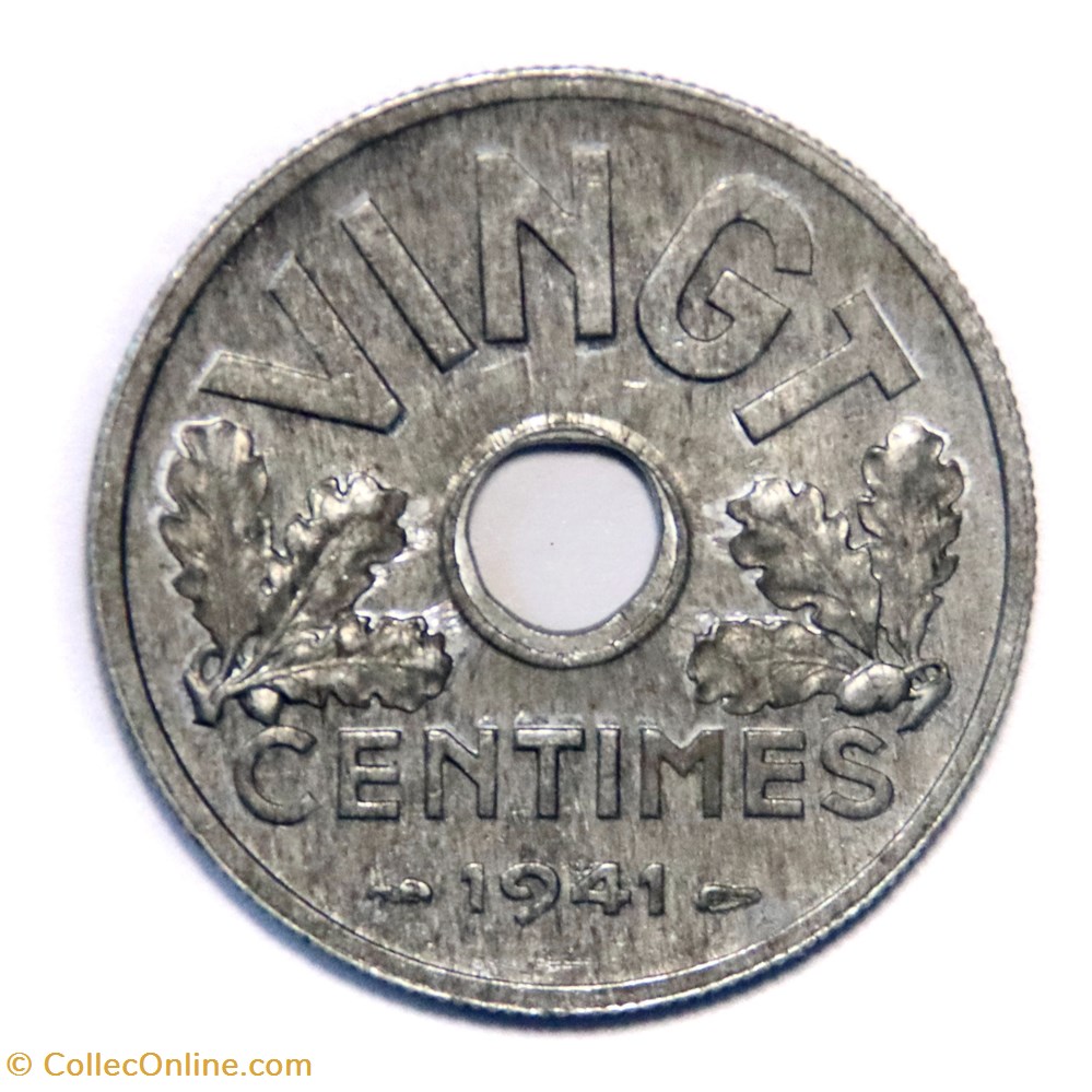 Vingt centimes Etat Français, 1941 type VINGT monnaies monde france vingt centimes etat francais 1941 type vingt