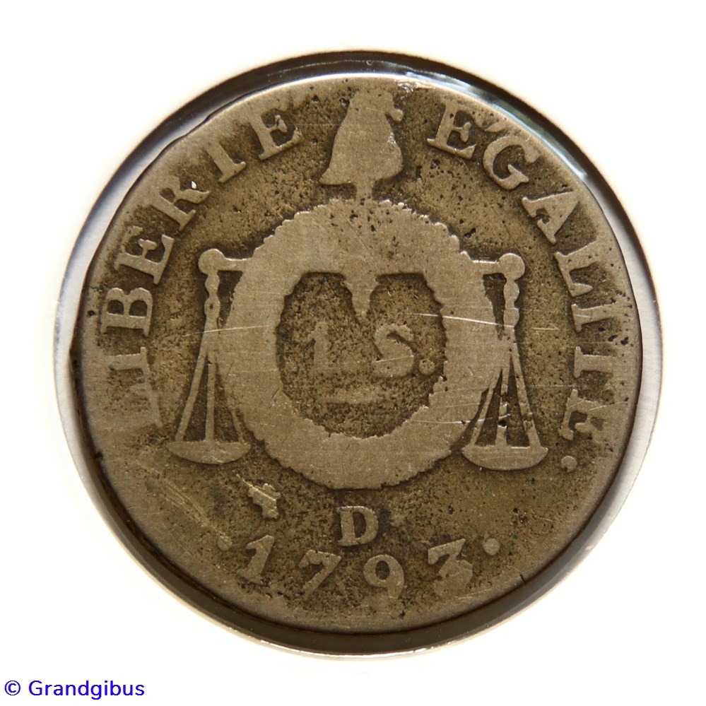1 Sol à la balance. An 𝐈𝐈 𝐃• (1793). monnaies monde france 1 sol a la balance an 1793