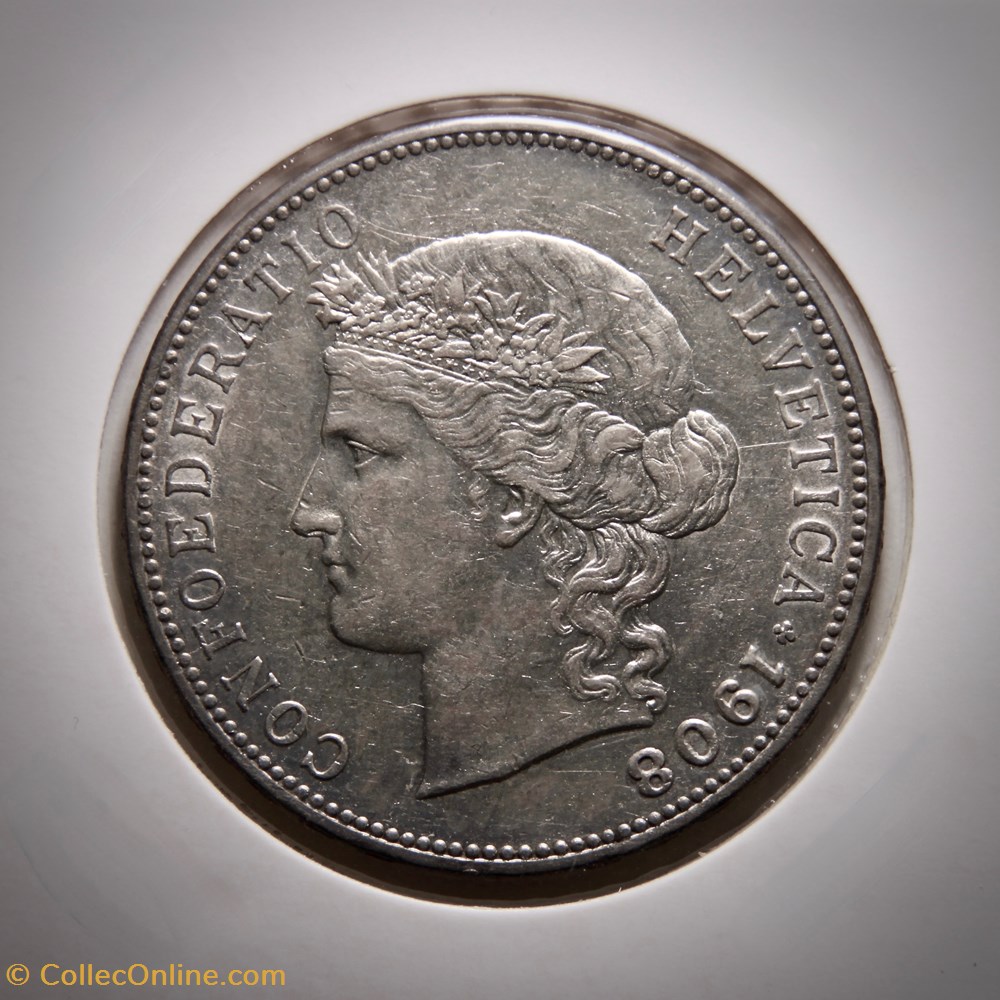 5 Francs 1908 B Tête d'Helvetia monnaies monde suisse 5 francs 1908 b tete helvetia