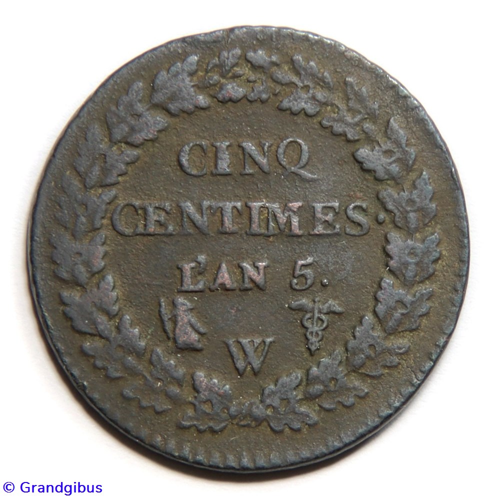 5 Centimes, grand module. An 5 W. monnaies monde france 5 centimes grand module an 5 w