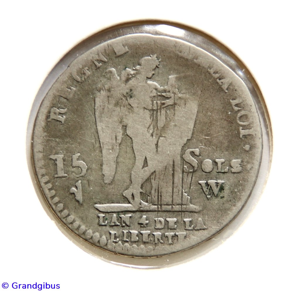 Louis XVI 1792 𝐖 - 15 Sols au génie. monnaies monde france louis xvi 1792 15 sols au genie