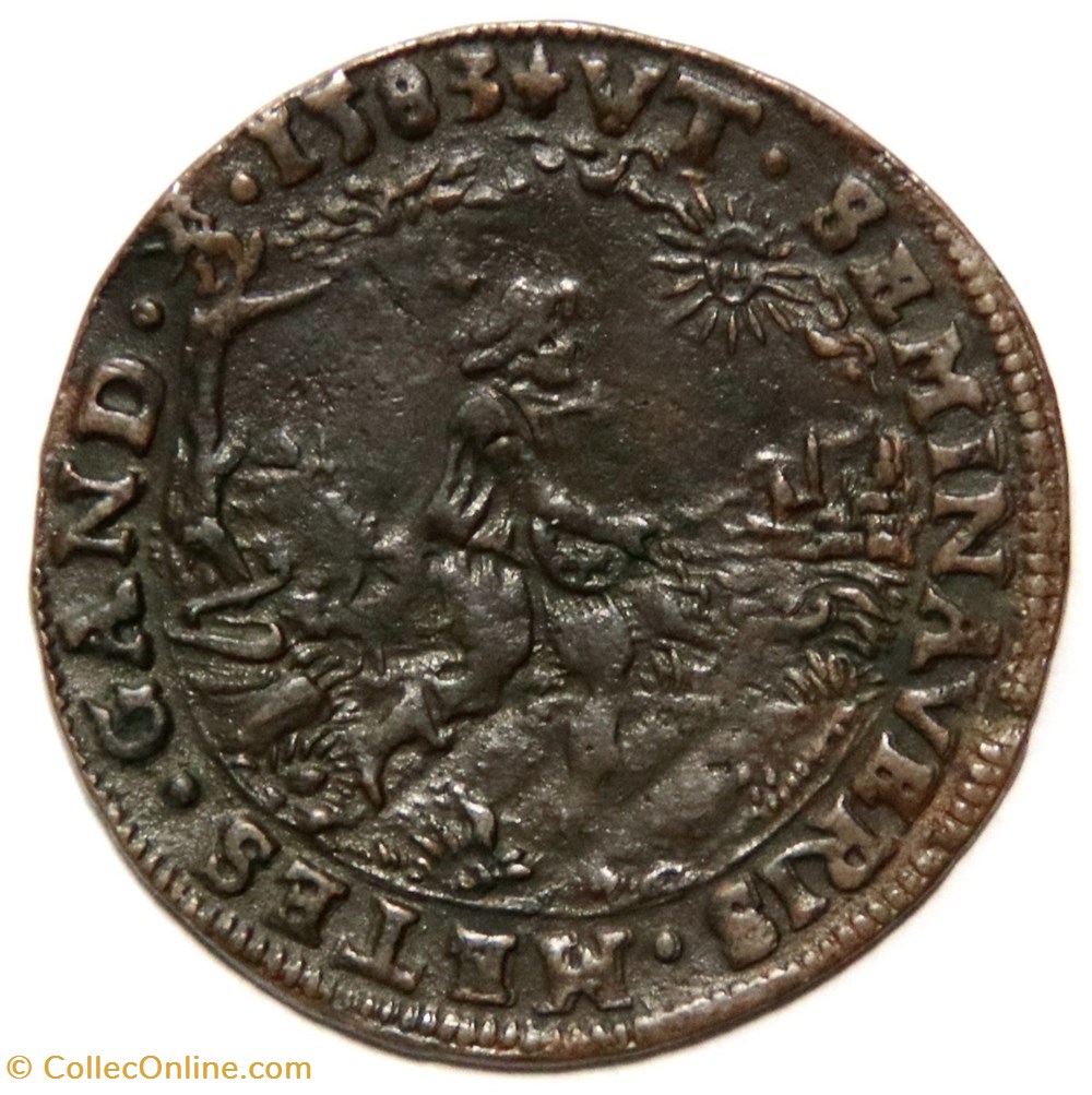 Pays-Bas méridionaux. 1583 Gand, Cuivre. Attaque d'Anvers par le Duc d'Anjou. monnaies paranumismatique jetons poids pays bas meridionaux 1583 gand cuivre attaque anvers par le duc anjou