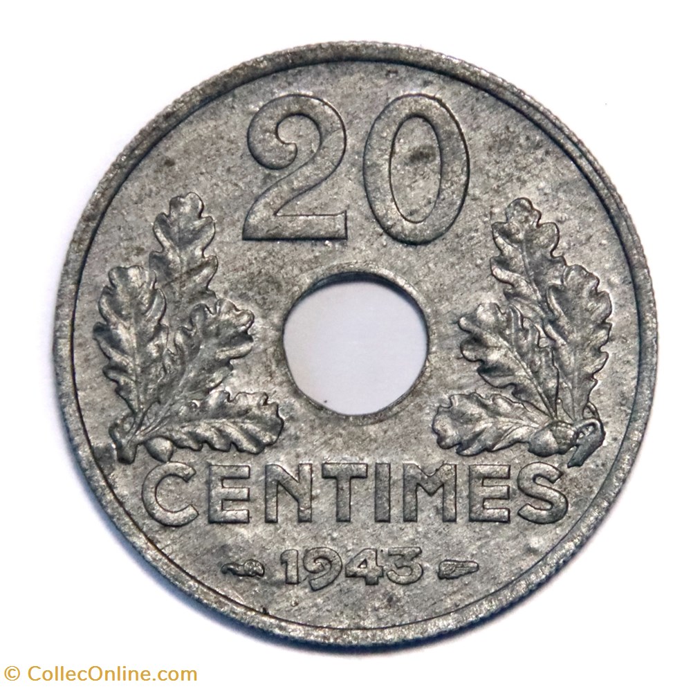 20 centimes 1943 Etat Français, 1943 type 20 "lourd" monnaies monde france 20 centimes 1943 etat francais 1943 type 20 lourd