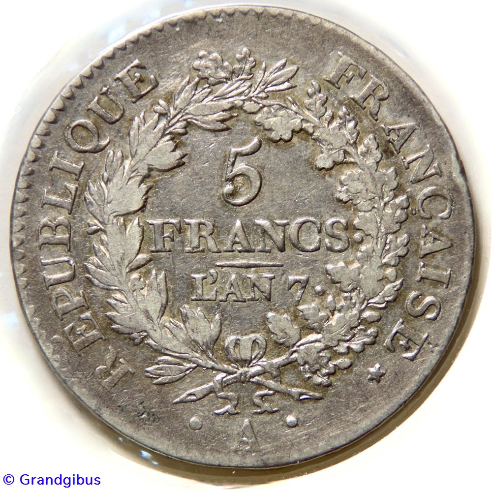 5 Fr, Union et Force. An 7 𝐀 (1799). monnaies monde france 5 fr union et force an 7 1799