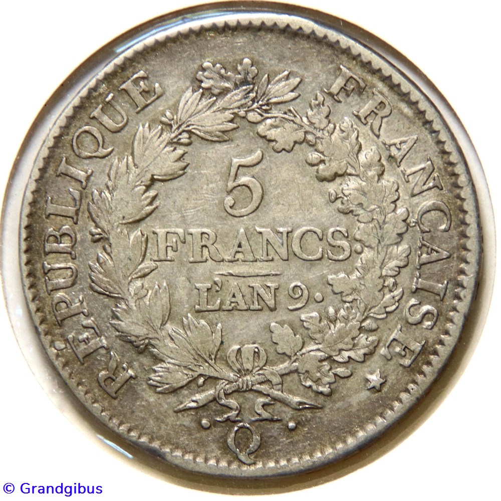 5 Fr, Union et Force. An 9 𝐐 (1801). monnaies monde france 5 fr union et force an 9 1801