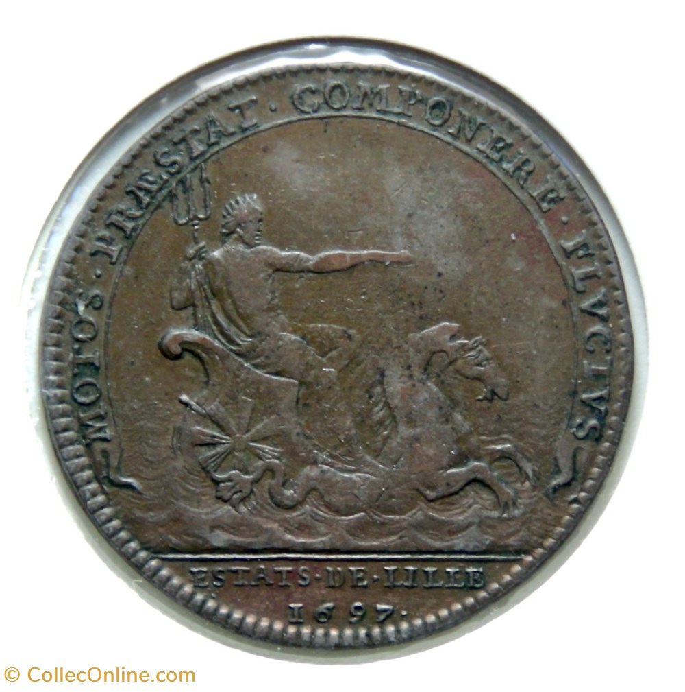 Louis XIV - Estats de Lille 1697 Bronze monnaies paranumismatique jetons poids louis xiv estats de lille 1697 bronze