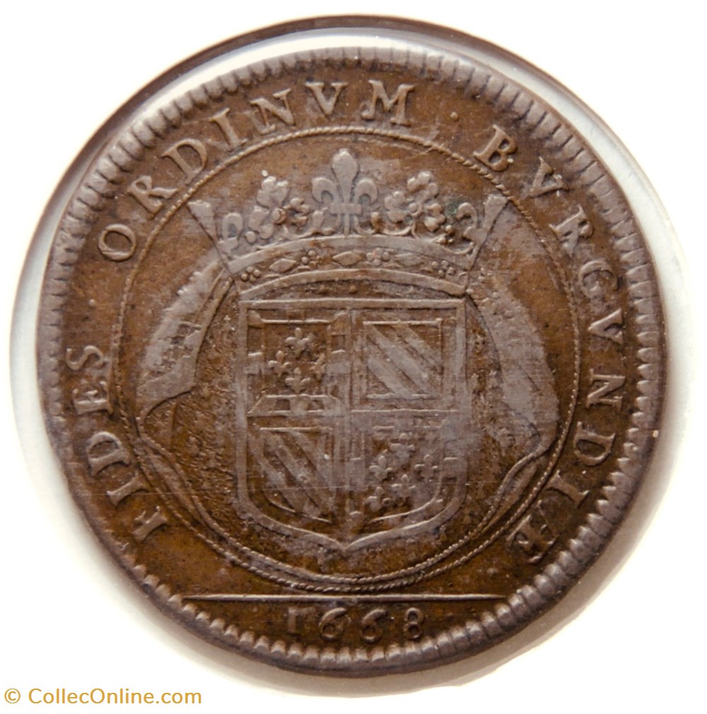 États de Bourgogne. 1668, Cuivre. 1ᴱᴿᴱ conquête de la Franche-Comté monnaies paranumismatique jetons poids etats de bourgogne 1668 cuivre 1 conquete de la franche comte