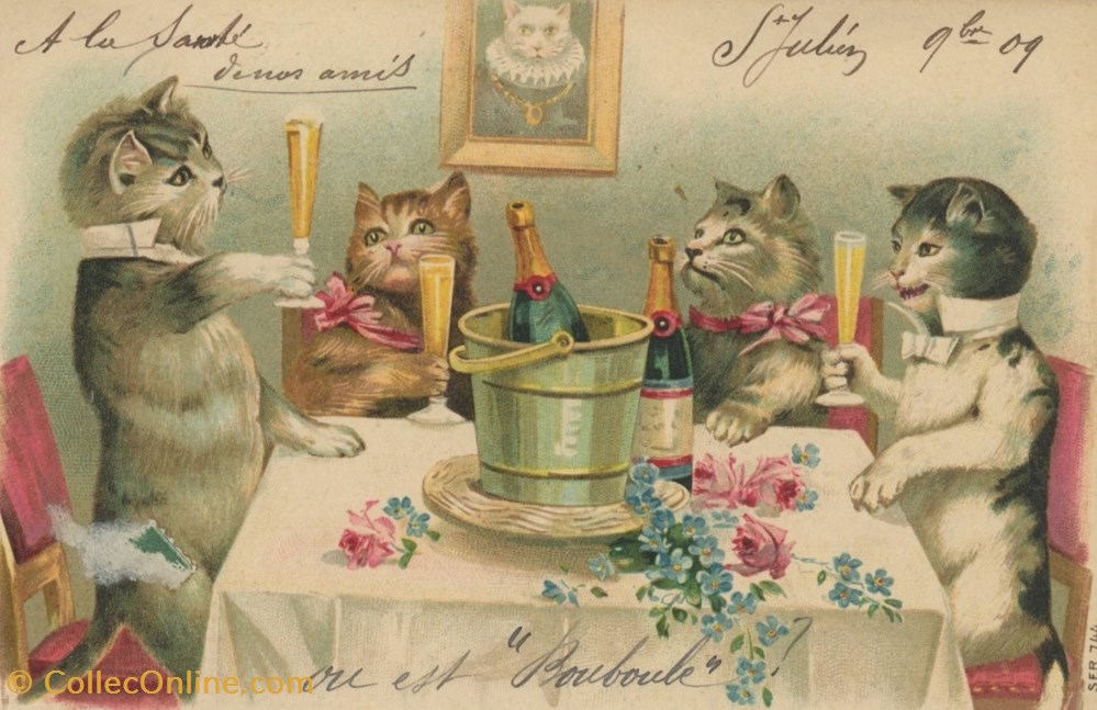 cartes postales a table champagne serie 744