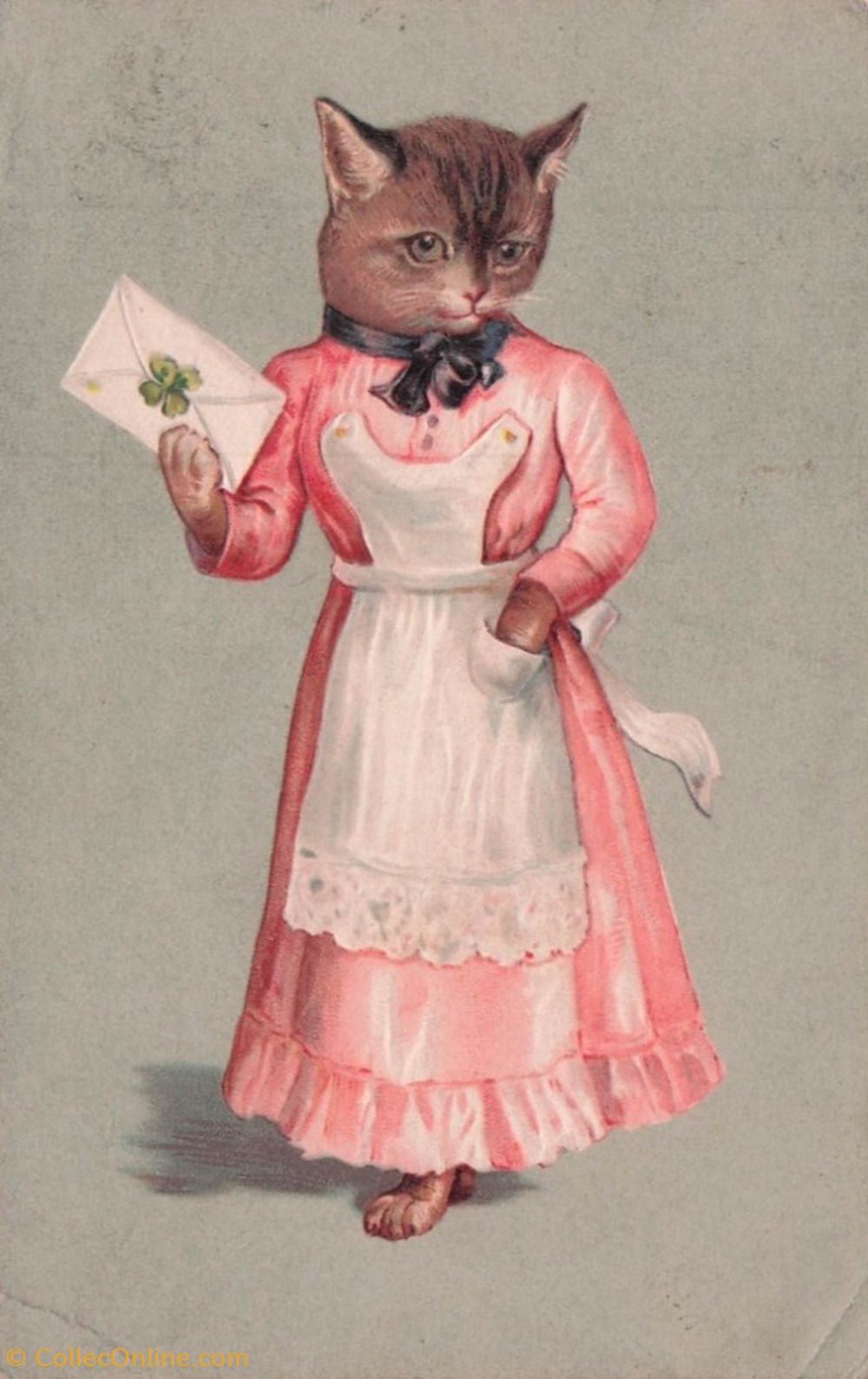 cartes postales serie portrait debout chatte en robe rose madame le courrier est arrive