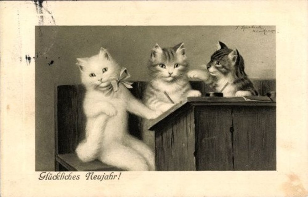 cartes postales ecoliers au pupitre