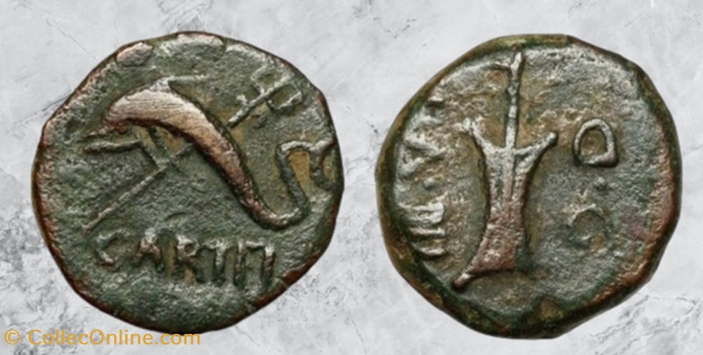 Hispanie - Carteia - Dauphin / gouvernail monnaies antiques romaines provinciales hispanie carteia dauphin gouvernail