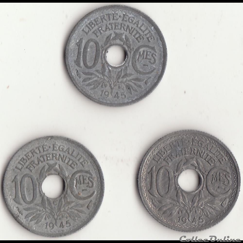10 CMES LINDAUER, petit module, 1945("A", B et C monnaie france moderne 10 cmes lindauer petit module 1945 a b et c