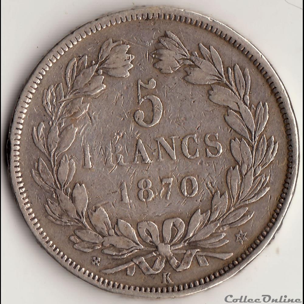 5 FRANCS CÉRÈ, sans légende 1870 K, Etoile, M a 4 heures 2 monnaie france moderne 5 francs cere sans legende 1870 k etoile m a 4 heures