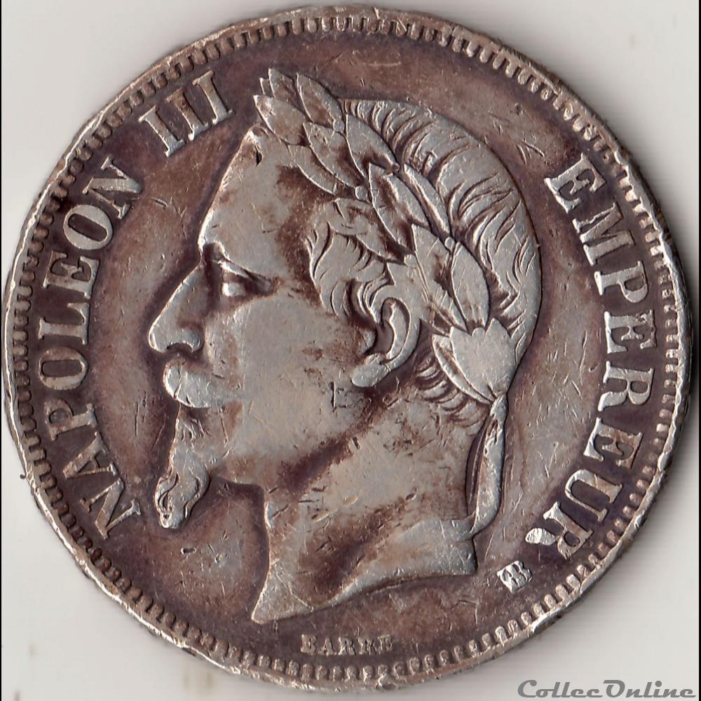5 francs Napoléon III tête laurée- Empire français 1867 BB monnaie france moderne 5 francs napoleon iii tete lauree empire francais 1867 bb