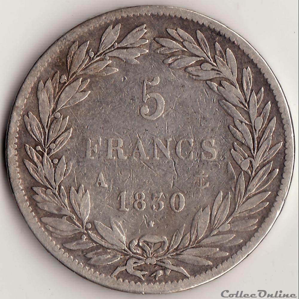 5 francs TYPE TIOLIER AVEC LE I, TRANCHE EN RELIEF 1830 A monnaie france moderne 5 francs type tiolier avec le i tranche en relief 1830 a