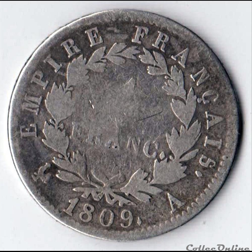 1 franc Napoleon I 1809 A tête laurée monnaie france moderne 1 franc napoleon i 1809 a tete lauree