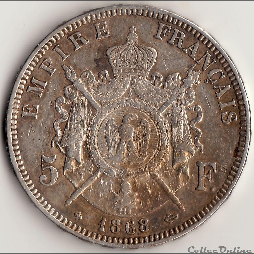 5 francs Napoléon III tête laurée- Empire français 1868 BB monnaie france moderne 5 francs napoleon iii tete lauree empire francais 1868 bb