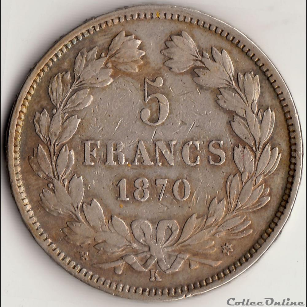 5 FRANCS CÉRÈ, sans légende 1870 K, Etoile, M a 2 heures monnaie france moderne 5 francs cere sans legende 1870 k etoile m a 2 heures