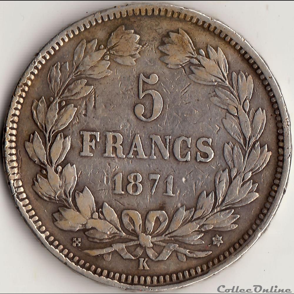 5 FRANCS CERES, sans légende 1871 K monnaie france moderne 5 francs ceres sans legende 1871 k