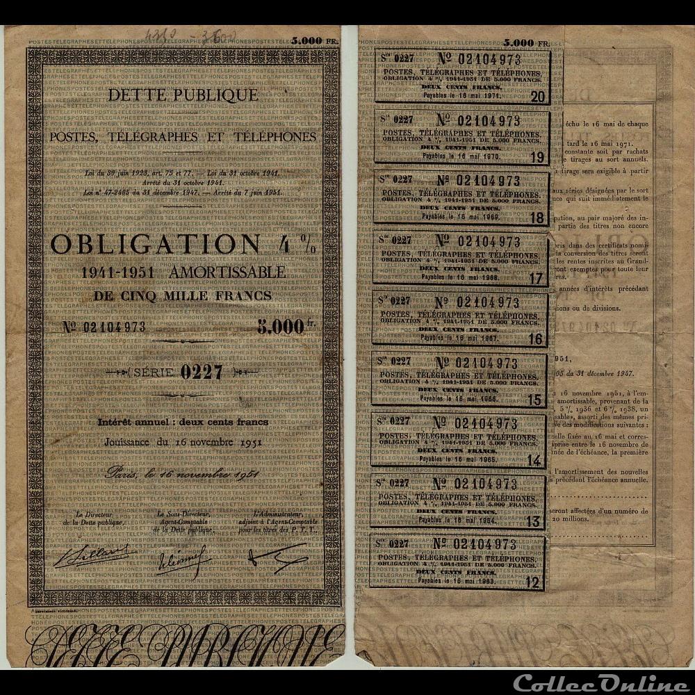 DETTE PUBLIQUE - P.T.T, 1941 - 1951 vieux papier action titre moderne dette publique p t t 1941 1951