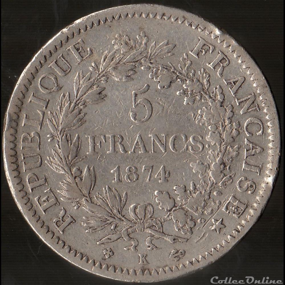 5 FRANCS HERCULE 1874 K monnaie france moderne 5 francs hercule 1874 k