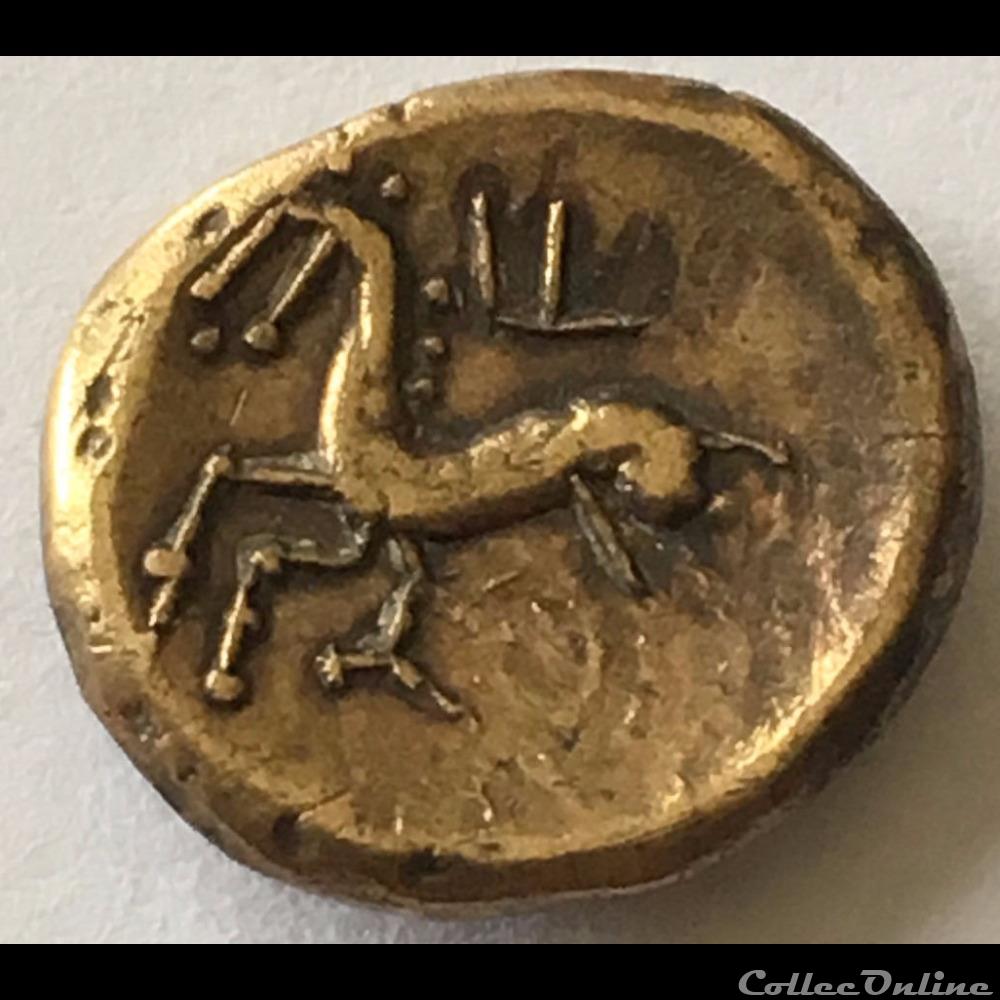 Série 875 DT3181 var quart de statère au triskèle type de Chenôves tête à droite monnaie antique gauloise serie 875 dt3181 var quart de statere au triskele type de chenoves tete a droite