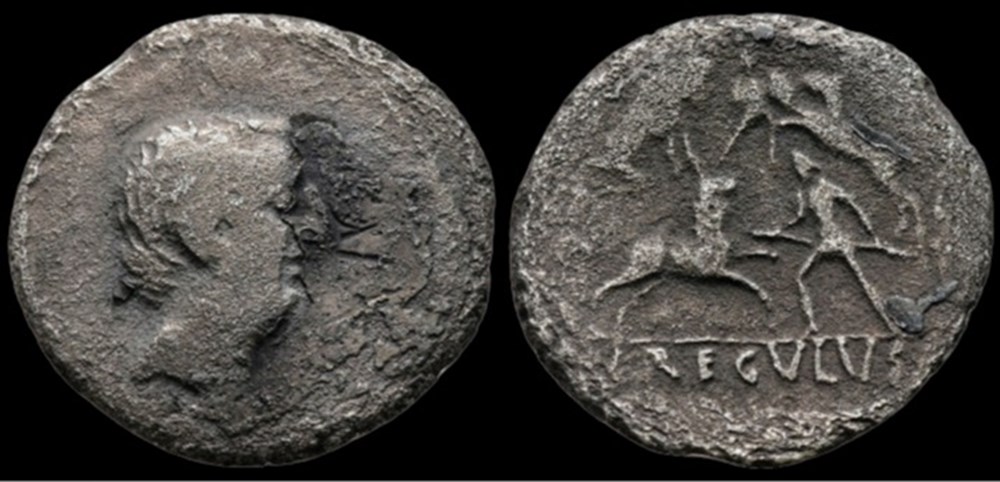 L. Livineius Regulus 42 BC. Moneyer issues of Imperatorial Rome Denarius AR 17 mm, 2,91 g coins ancient romans imperial and republican l livineius regulus 42 bc moneyer issues of imperatorial rome denarius ar 17 mm 2 91 g