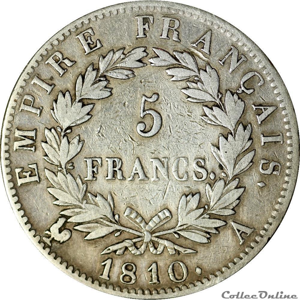 5 francs Napoléon 1er, 1810 A Empire français -AR5F-0021 3 monnaies monde france 5 francs napoleon 1er 1810 a empire francais ar5f 0021