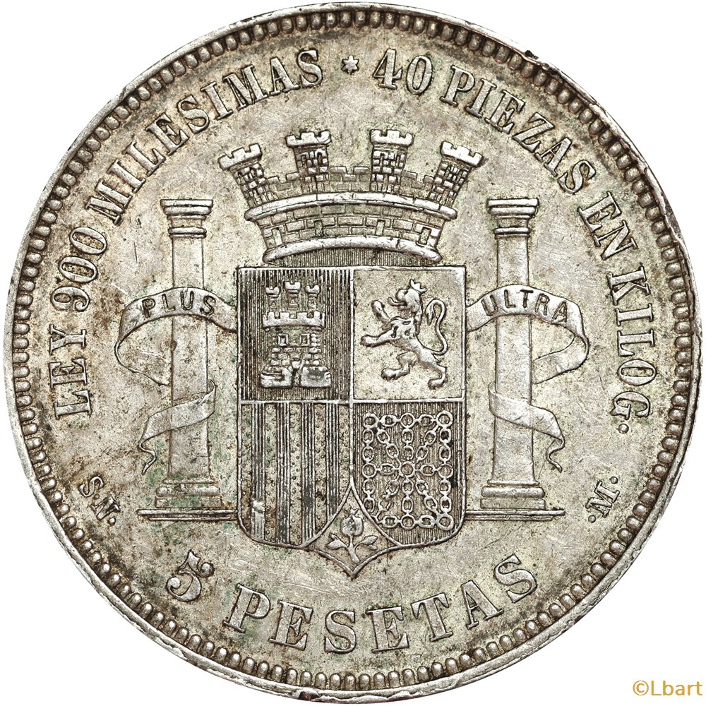 5 Pesetas 1870 Espagne . AR5F-0040 monnaies monde 5 pesetas 1870 espagne ar5f 0040