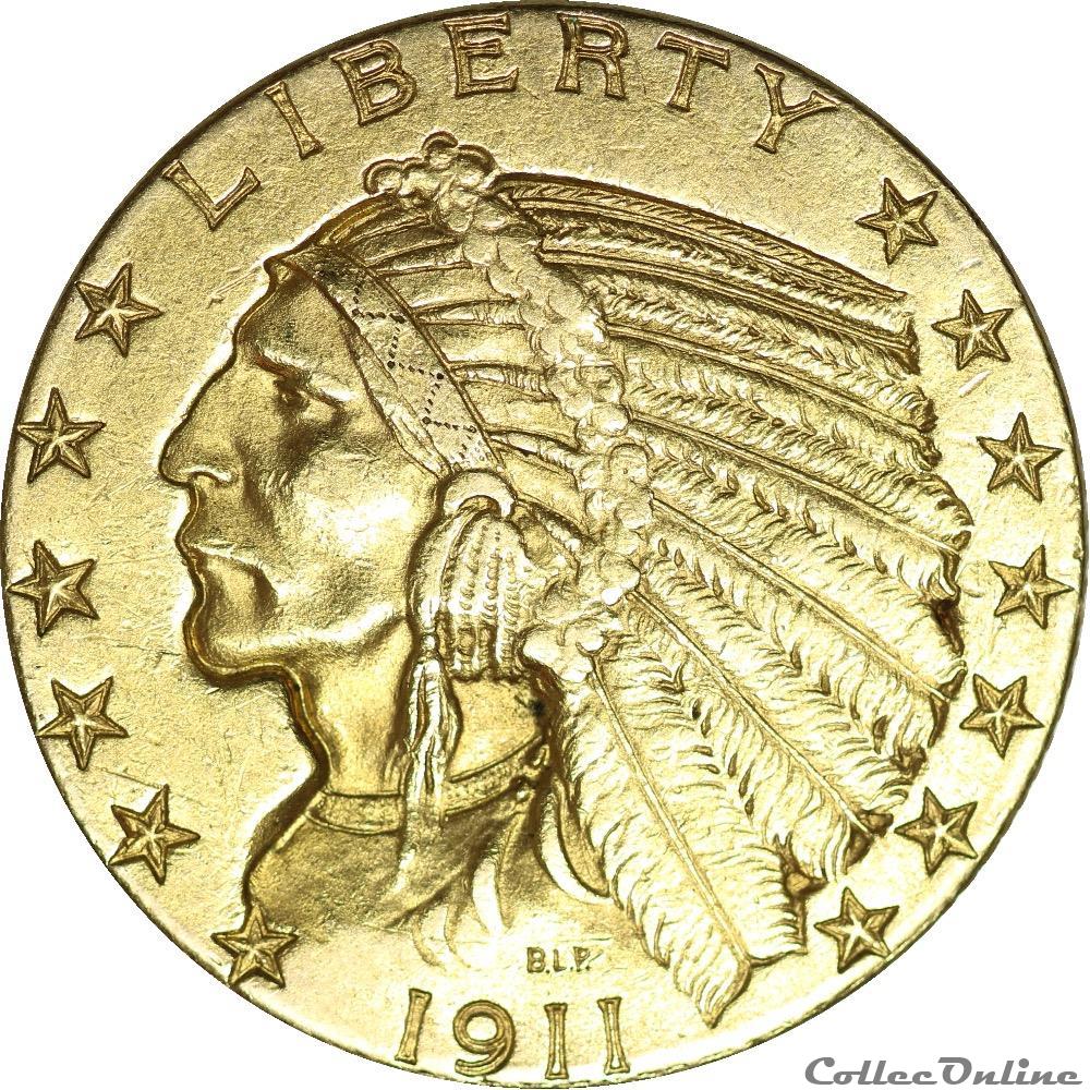 5 Dollar Indien 1911 (OR20F-018) 2 monnaies monde etats unis 5 dollar indien 1911 or20f 018