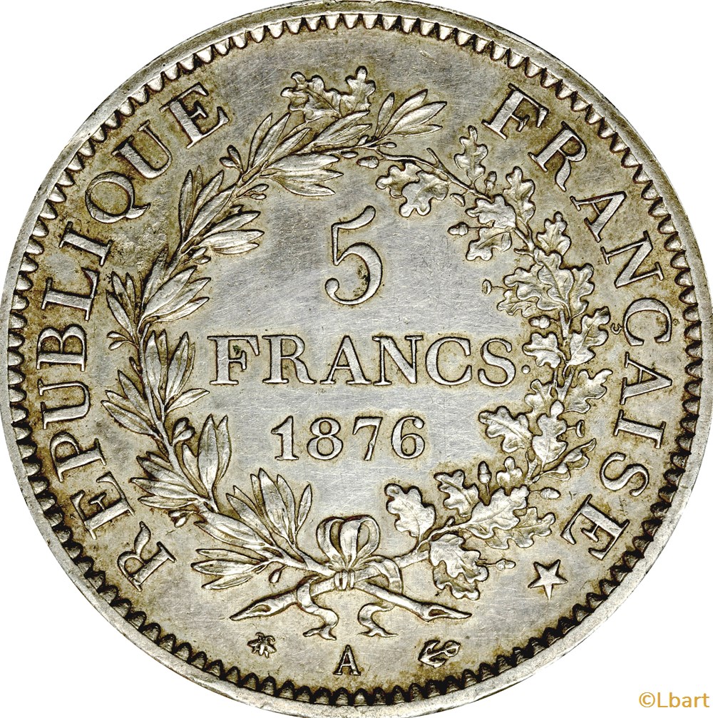5 FRANCS HERCULE 1876 A _ AR5F-0010/B monnaie france moderne 5 francs hercule 1876 a ar5f 0010 b