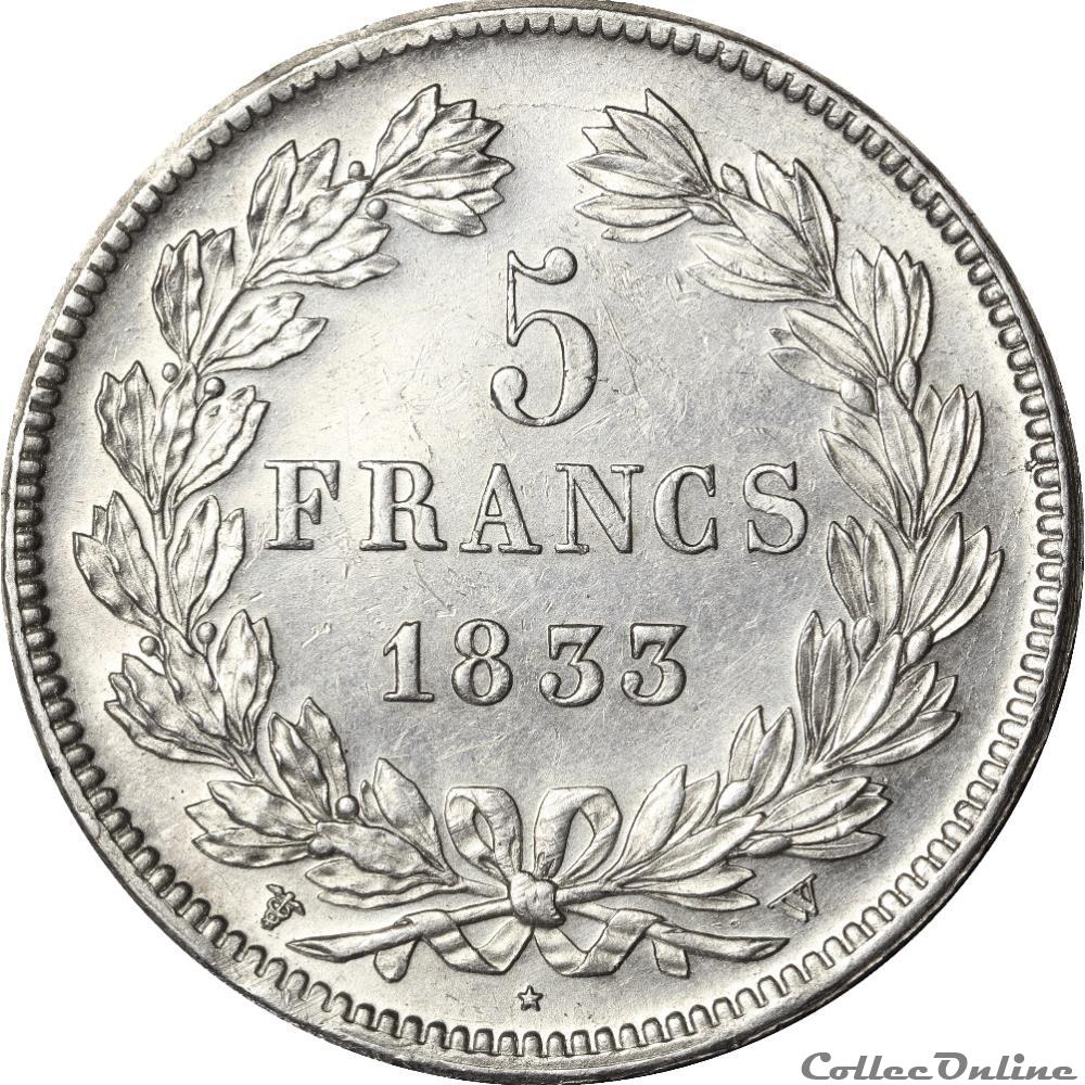5 FRANCS Louis Philippe 1833 W _ AR5F-0020 3 monnaies monde france 5 francs louis philippe 1833 w ar5f 0020
