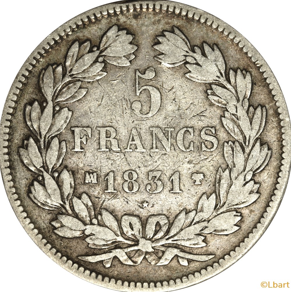 monnaies monde france 5 francs louis philippe 1831 ma ar5f 0020 b