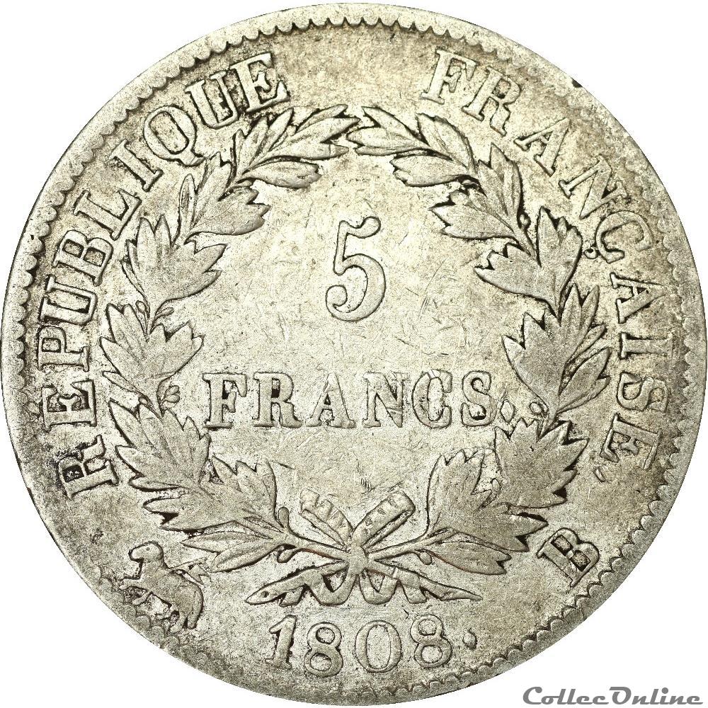 monnaies monde france 5 francs napoleon 1er 1808 a republique francaise ar5f 0022