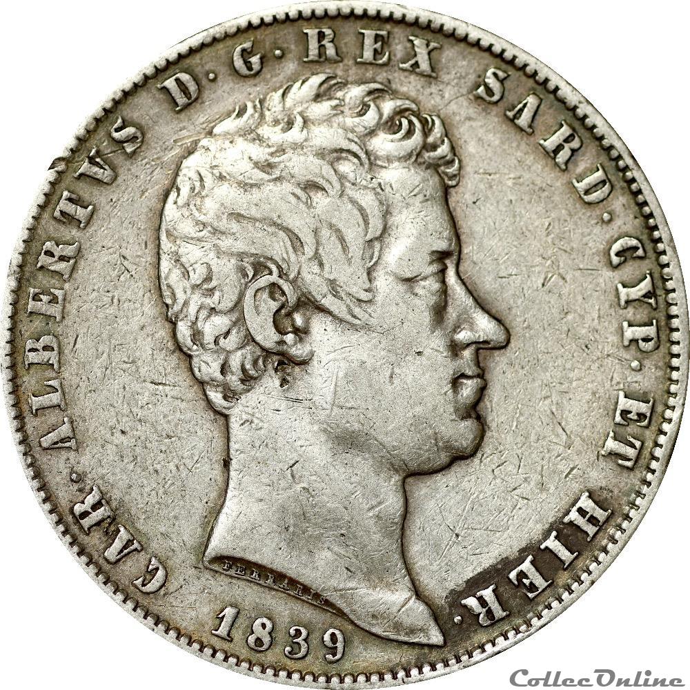 5 Lire 1839 Charles Albert SARDAIGNE Turin - AR5F-0031 monnaies monde italie 5 lire 1839 charles albert sardaigne turin ar5f 0031