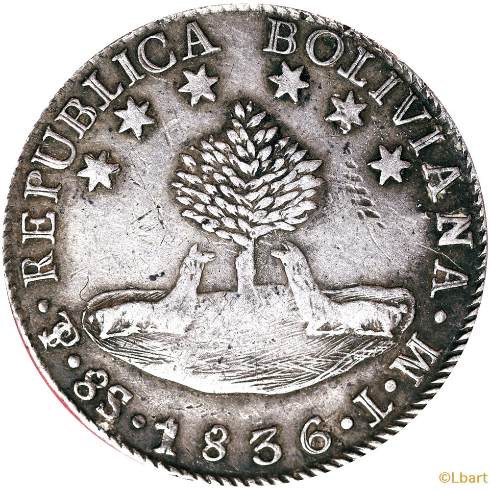 monnaies monde 8 sols 1836 bolivie republique bolivar ar5f 0038