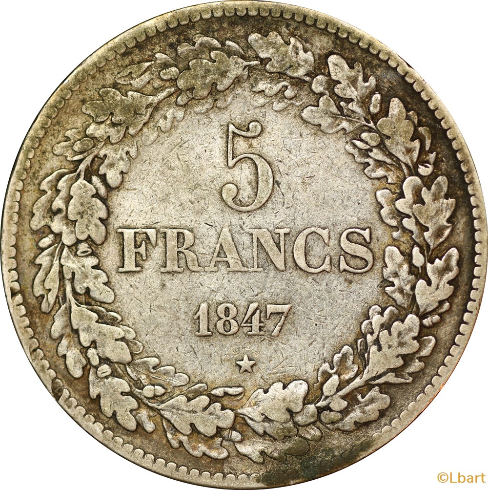 5 Francs 1847 Léopold Premier - AR5F-0041 monnaies monde belgique 5 francs 1847 leopold premier ar5f 0041