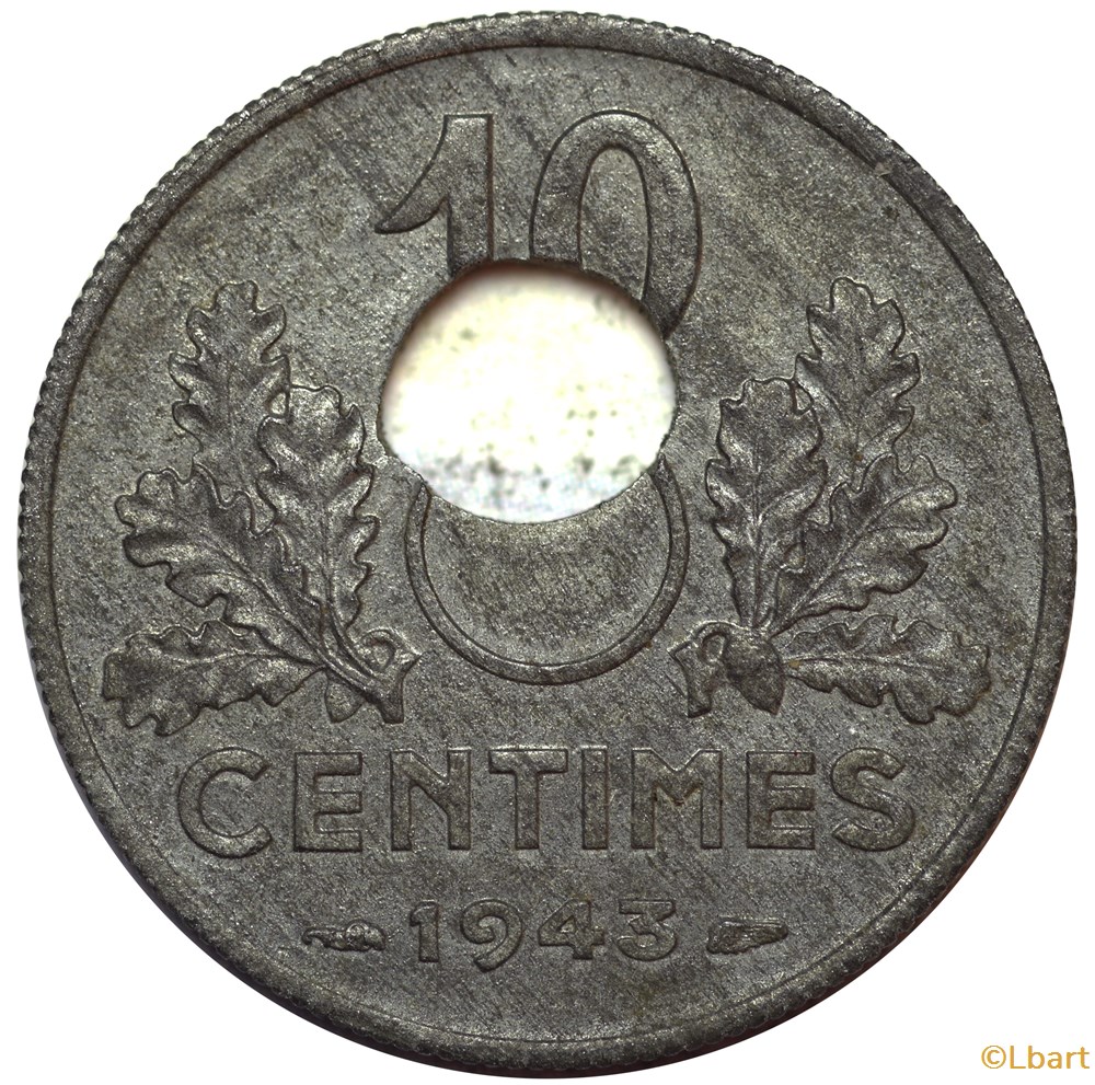 monnaies monde france 10 centimes 1943 trous decentre div 022