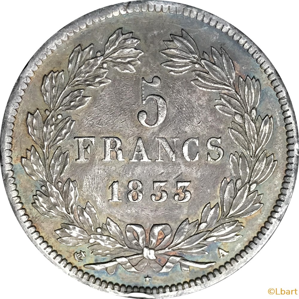 monnaies monde france 5 francs louis philippe 1833 a ar5f 0020 c